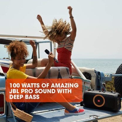 JBL Partybox-On-The-Go Portable BT Party Speaker with Music Synced Light Show, Bass Booster, USB & Guitar Inputs, IPX4 Splashproof (100 Watt, Wireless Mic Included, Black)
